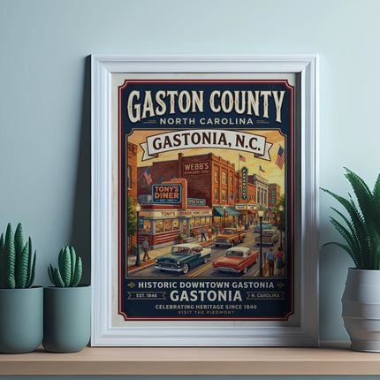 Framed poster of Gastonia, NC, showing Tony's Diner and vintage cars.