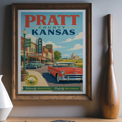 Pratt County Kansas poster with vintage car, hotel, and town buildings.