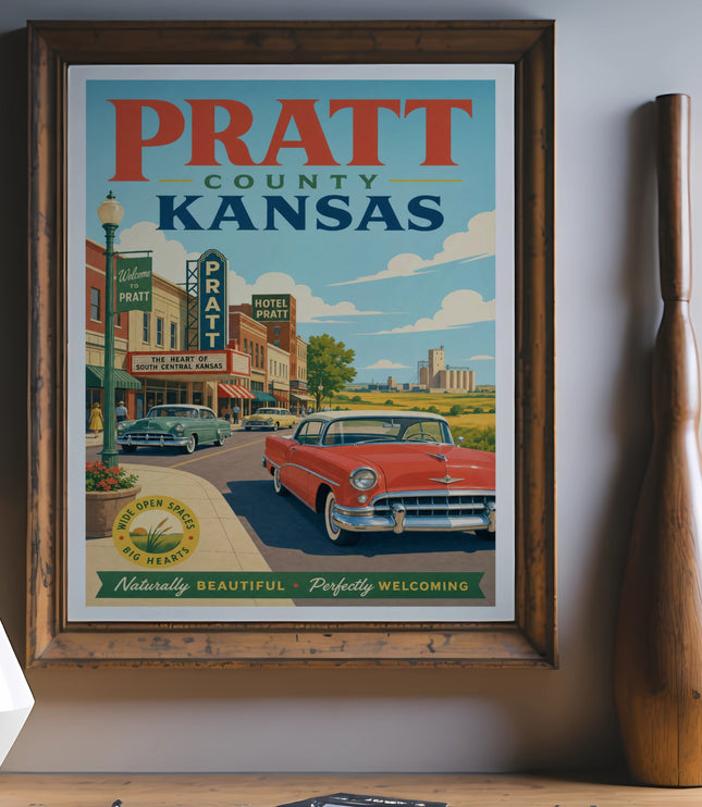 Pratt County Kansas poster with vintage car, hotel, and town buildings.