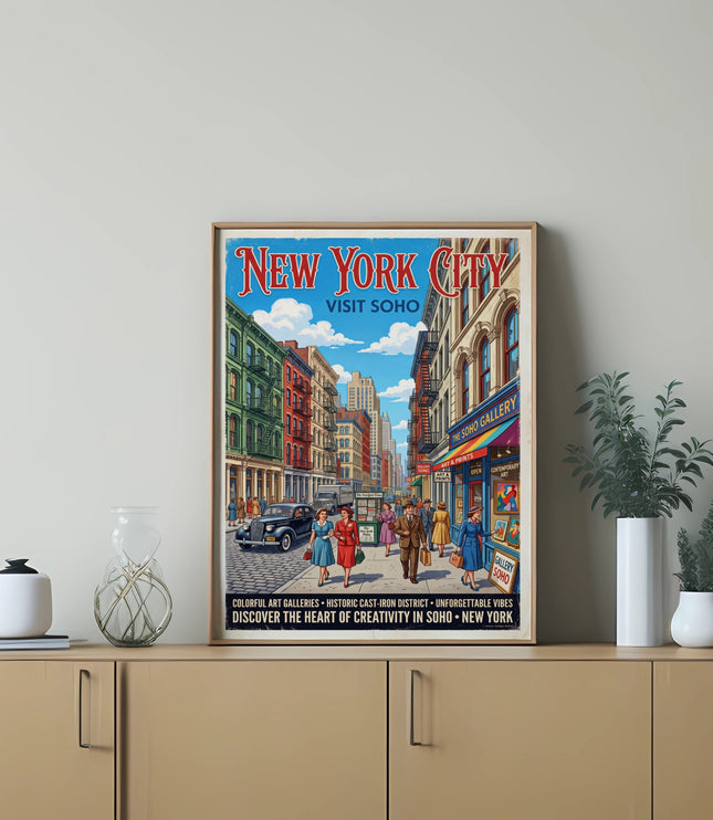 Vintage New York City poster of Soho street with people, cars, and galleries.