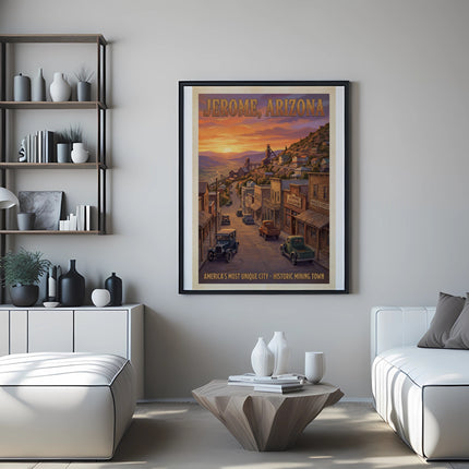Jerome, Arizona vintage poster on a wall above furniture.