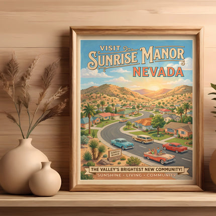 Retro poster of Sunrise Manor, Nevada, with vintage cars and desert landscape.
