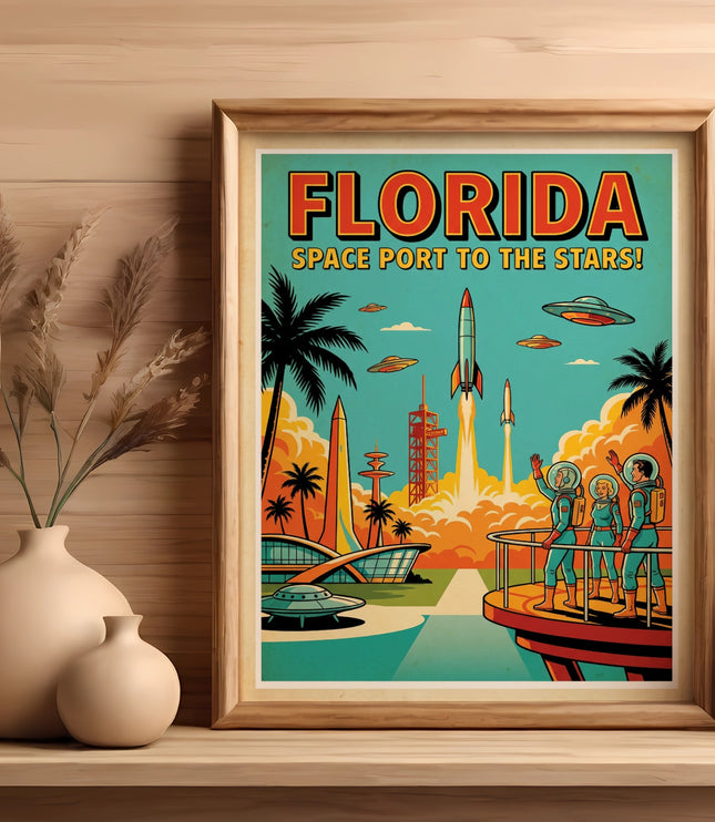 Framed poster of Florida Space Port with rockets launching and astronauts waving.