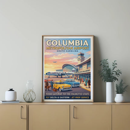 Columbia Metropolitan Airport retro poster with vintage planes, cars, and people.