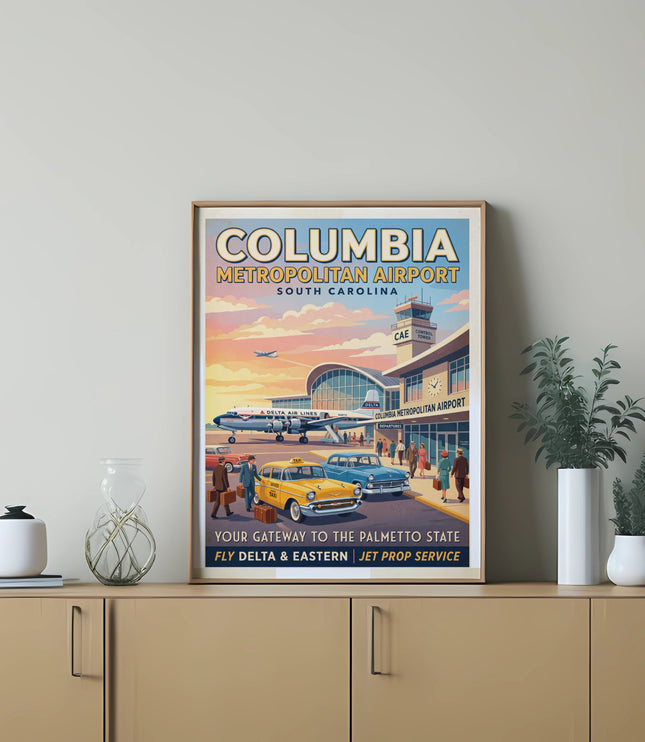 Columbia Metropolitan Airport retro poster with vintage planes, cars, and people.
