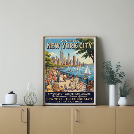 Poster: "Visiting New York City" with people on a waterfront, 1950s style.