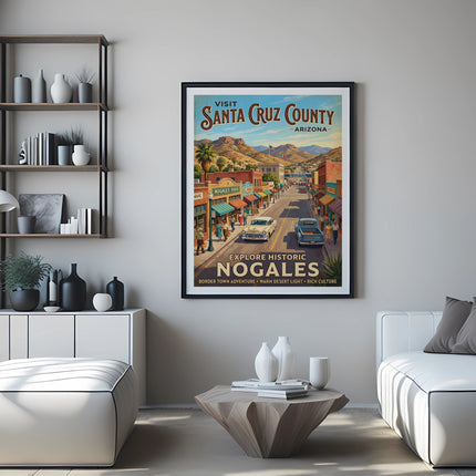 Vintage travel poster depicting historic Nogales, Arizona main street scene with cars.