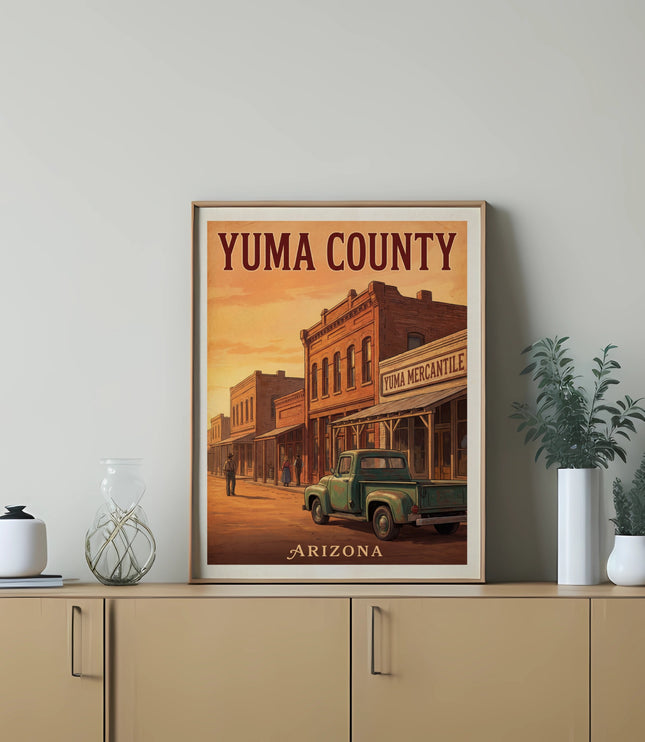 Yuma County Arizona vintage travel poster with buildings and a green pickup truck.