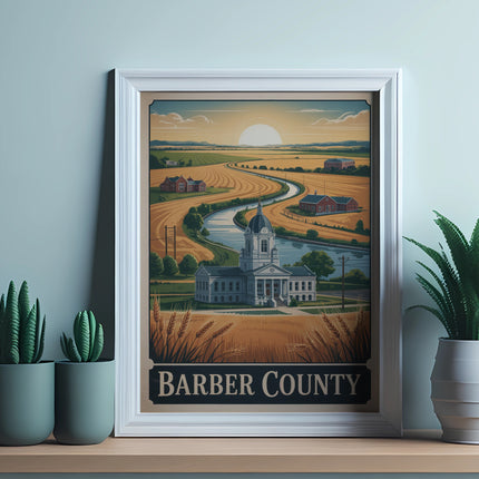 Barber County courthouse and fields illustration in a framed print.