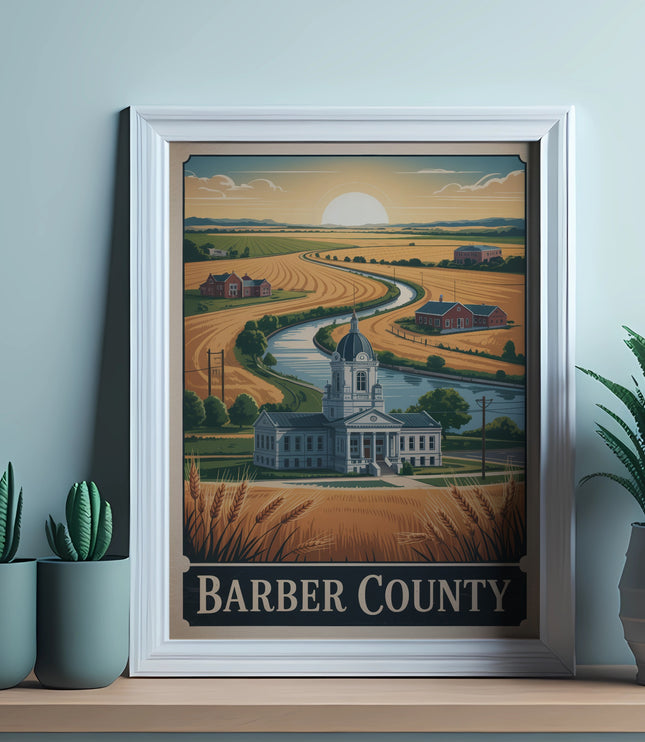 Barber County courthouse and fields illustration in a framed print.