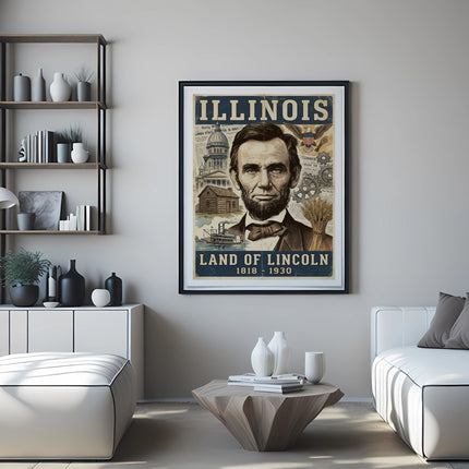 Illinois Land of Lincoln poster featuring Abraham Lincoln and historical scenes.