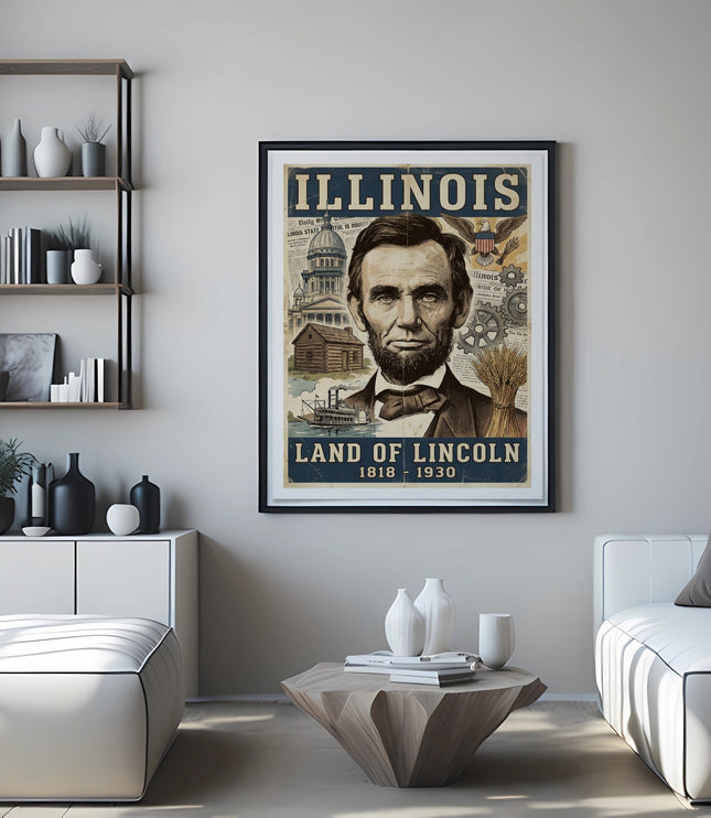 Illinois Land of Lincoln poster featuring Abraham Lincoln and historical scenes.