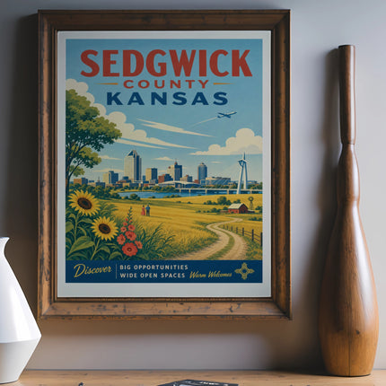 Sedgwick County, Kansas travel poster with city skyline, sunflowers, and fields.