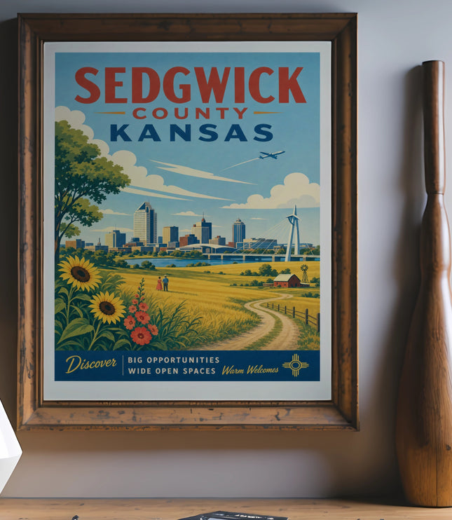 Sedgwick County, Kansas travel poster with city skyline, sunflowers, and fields.