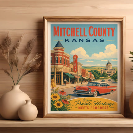 Vintage Mitchell County, Kansas poster with red car and downtown scene.