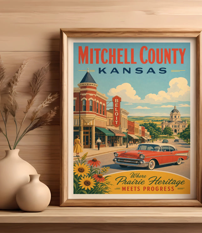 Vintage Mitchell County, Kansas poster with red car and downtown scene.