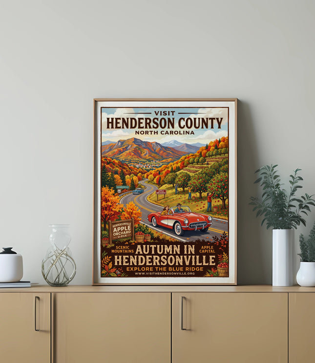 Vintage travel poster for Hendersonville, North Carolina, featuring autumn scenery.