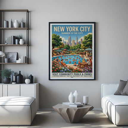 New York City summer poster with people in a pool, "Visit Community Pools & Parks" text.