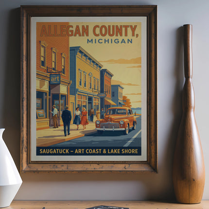 Allegany County, Michigan travel poster featuring Saugatuck, art coast, and lake shore.