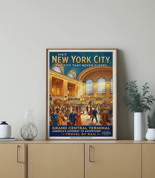Vintage poster of Grand Central Terminal promoting New York City travel by rail.