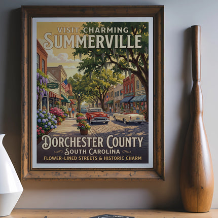 Summerville, South Carolina vintage travel poster with flower-lined streets and historic charm.