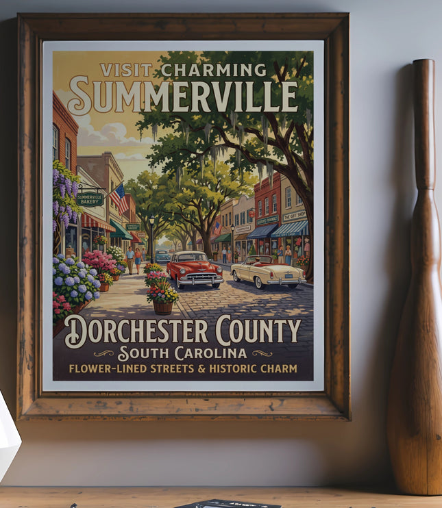 Summerville, South Carolina vintage travel poster with flower-lined streets and historic charm.