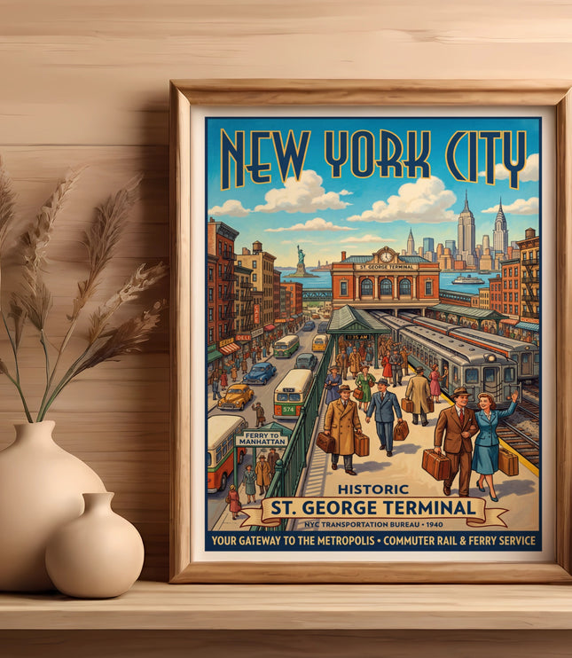 New York City poster featuring St. George Terminal with commuter rail and ferry service, 1940.