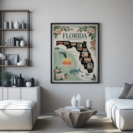 Poster of Florida map with landmarks and sunny beach scenes.