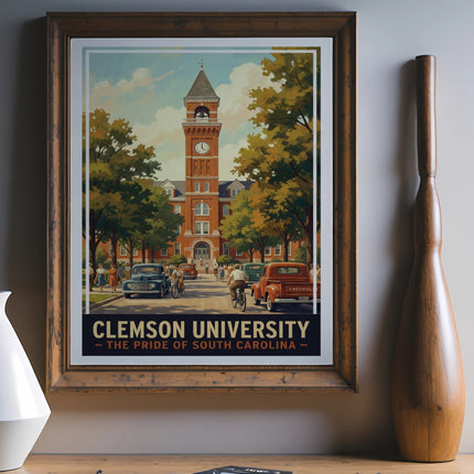 Clemson University print showing a clock tower building with vintage cars and people.