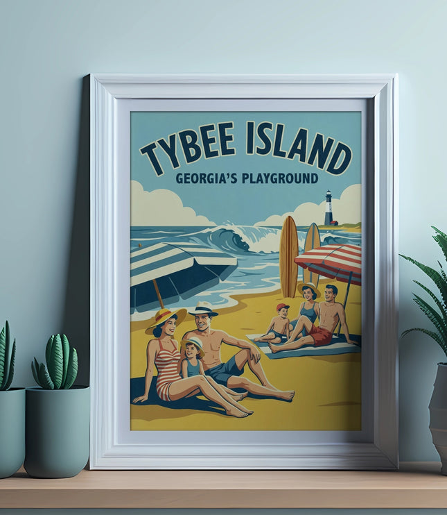 Framed "Tybee Island Georgia's Playground" vintage poster of happy family on the beach.