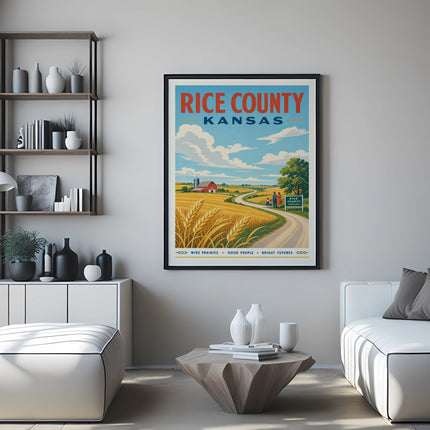 Vintage travel poster for Rice County, Kansas, showing a farm and fields.