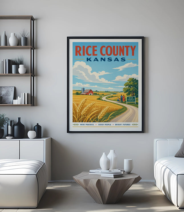 Vintage travel poster for Rice County, Kansas, showing a farm and fields.