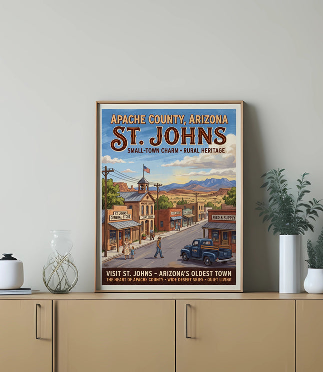 Vintage travel poster for St. Johns, Arizona, featuring a classic American town scene.