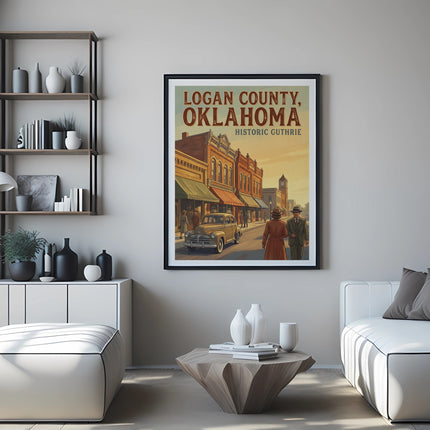 Framed poster of Logan County, Oklahoma Historic Guthrie street scene with vintage car and people.