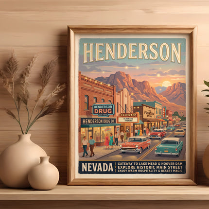 Retro poster of Henderson, Nevada's main street with vintage cars and buildings.