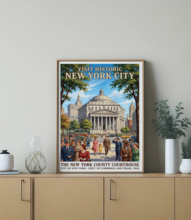 Poster showing New York County Courthouse, people, and vintage cars.