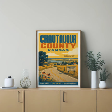Chautauqua County Kansas vintage travel poster with scenic landscape.