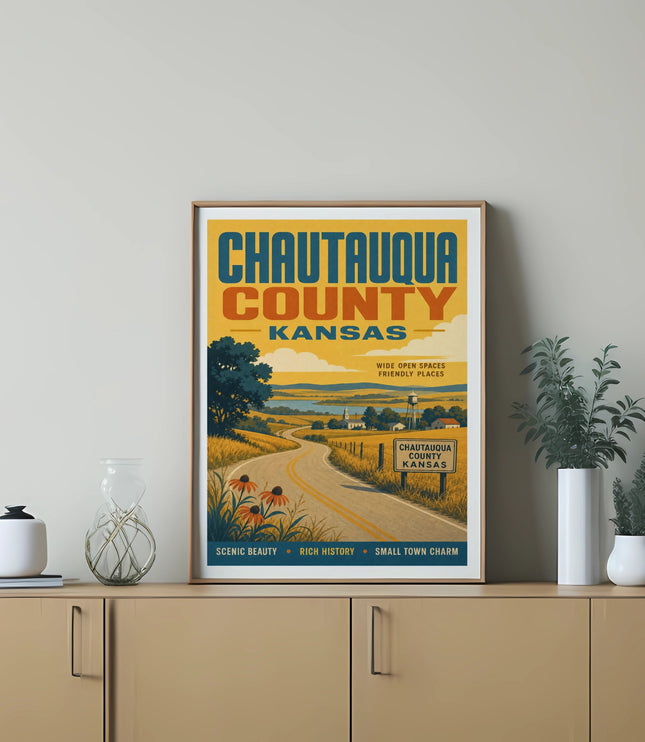 Chautauqua County Kansas vintage travel poster with scenic landscape.