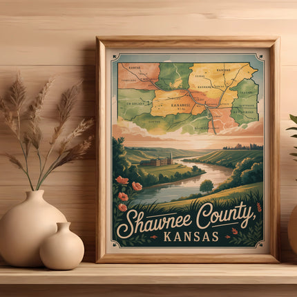 Framed map of Shawnee County, Kansas with rivers and towns illustrated.