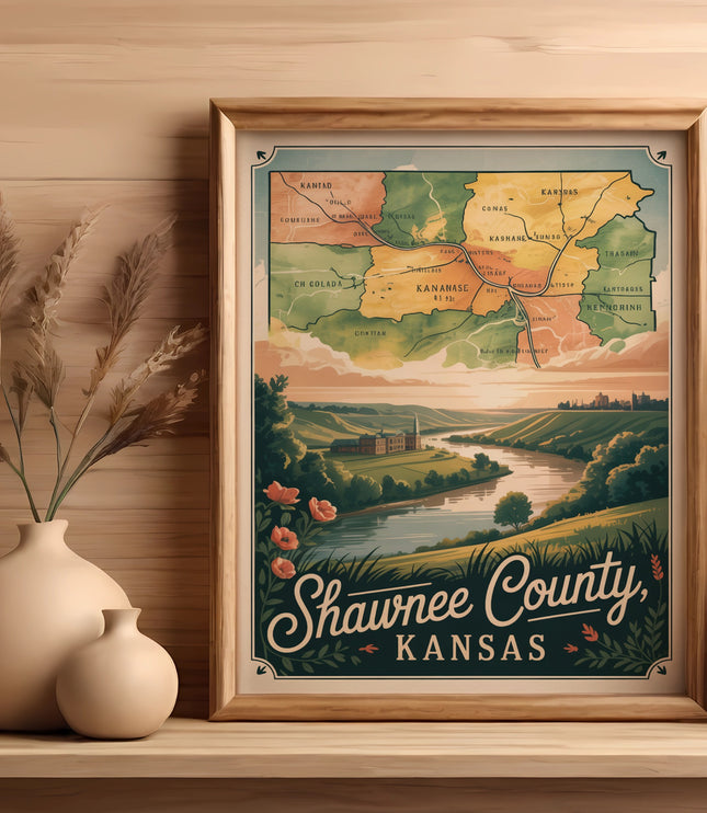 Framed map of Shawnee County, Kansas with rivers and towns illustrated.
