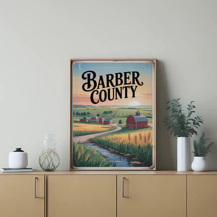 Barber County landscape with red barn, farm buildings, and creek.