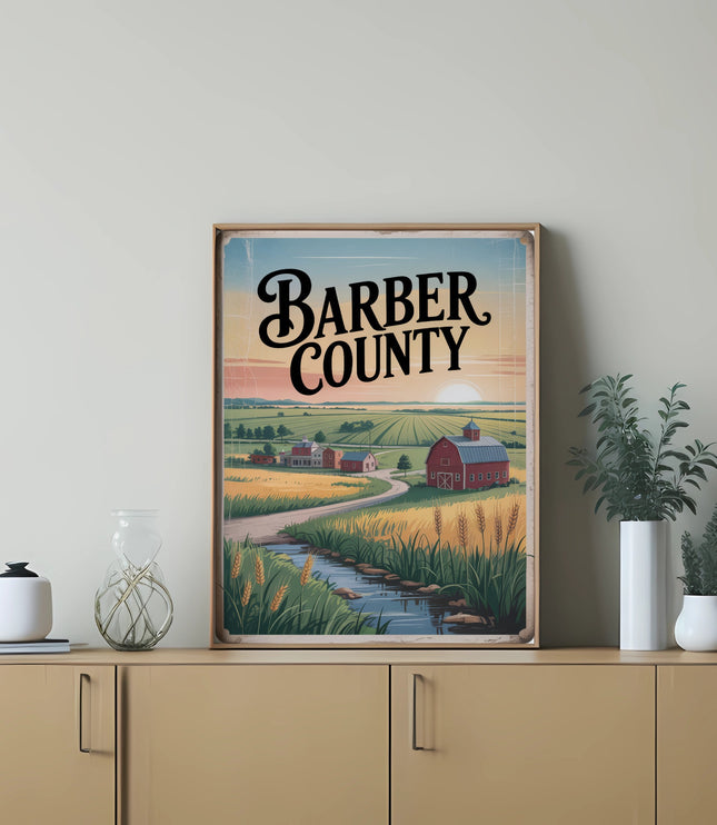 Barber County landscape with red barn, farm buildings, and creek.