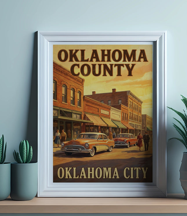 Framed vintage poster of downtown Oklahoma City with classic cars