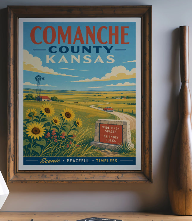 Vintage travel poster for Comanche County, Kansas, with sunflowers and rolling hills.