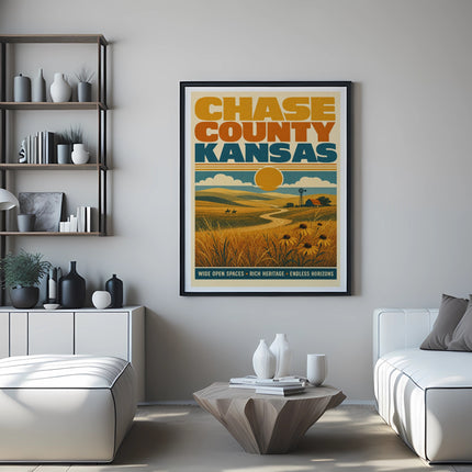 Chase County Kansas vintage travel poster with sun, fields, and farmhouse.
