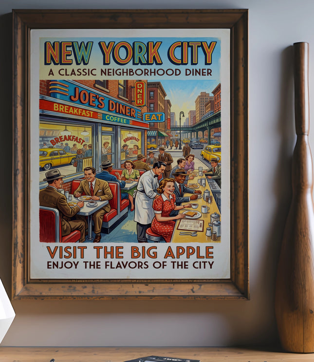 New York City diner poster depicting people eating, with text "Joe's Diner" and "Visit the Big Apple".