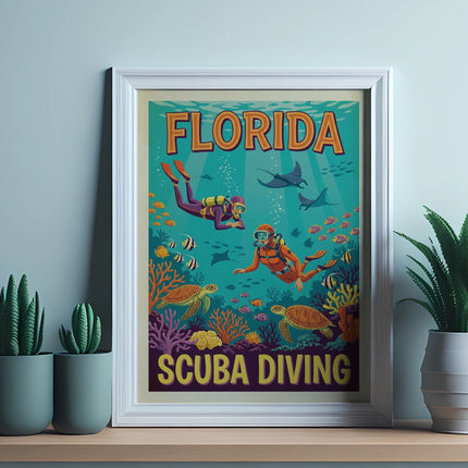 Florida scuba diving poster featuring divers, sea turtles, fish, and coral.
