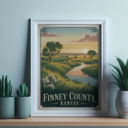 Framed art print with "Finney County, Kansas" text and a landscape scene.
