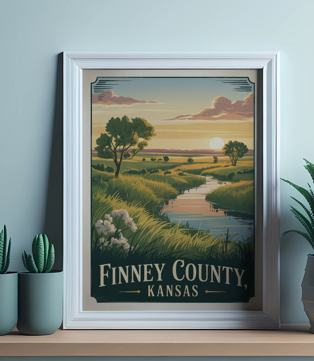 Framed art print with "Finney County, Kansas" text and a landscape scene.