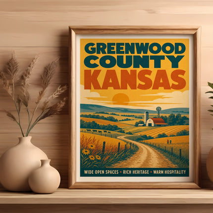 Greenwood County Kansas landscape illustration with text.